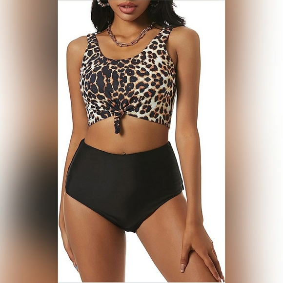 💚High Waisted Tankini Scoop Neck Knotted Two Piec - Picture 1 of 5